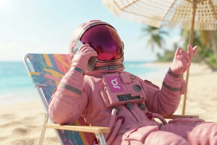 Astronauta en una reposera de playa hablando por teléfono