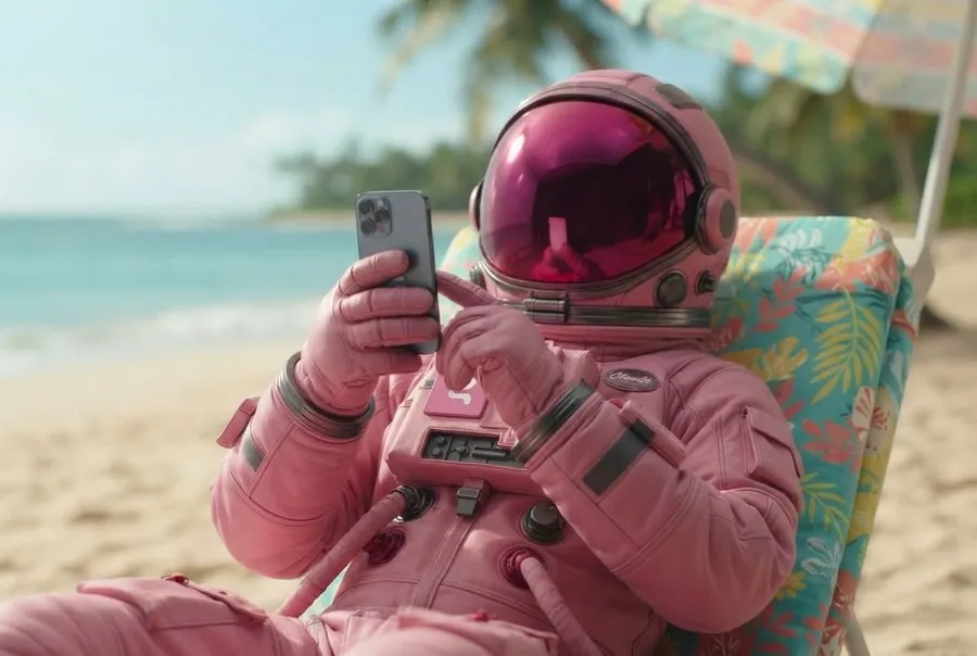 Astronauta usando el celular frente al mar